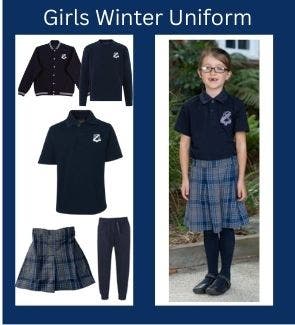 Girls Winter Uniform - Navy CPS Bomber Jacket or Navy CPS Crew Neck Jumper or Navy CPS Polo, Grey Pants or Culottes with Navy Stockings