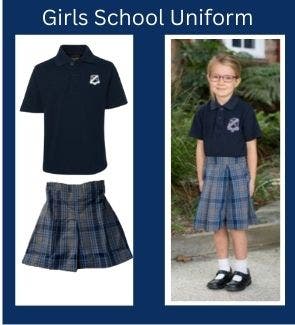 Girls School Uniform. Navy Polo Shirt with Grey/Navy Culottes
